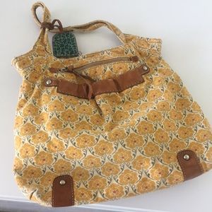 Fossil yellow floral canvas purse bag with key